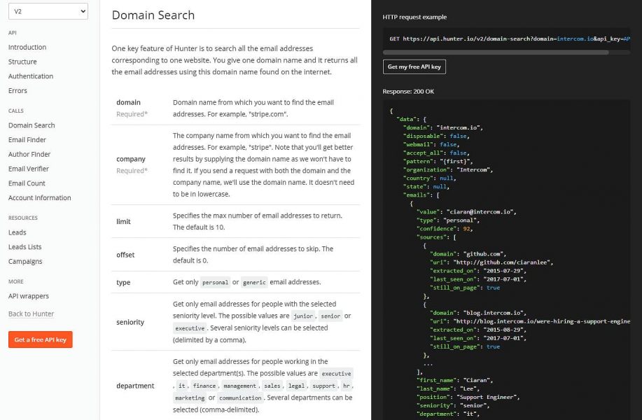hunter free api documentation