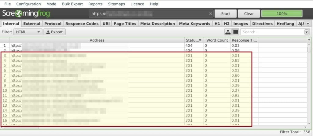 Screaming Frog 301 internal crawl