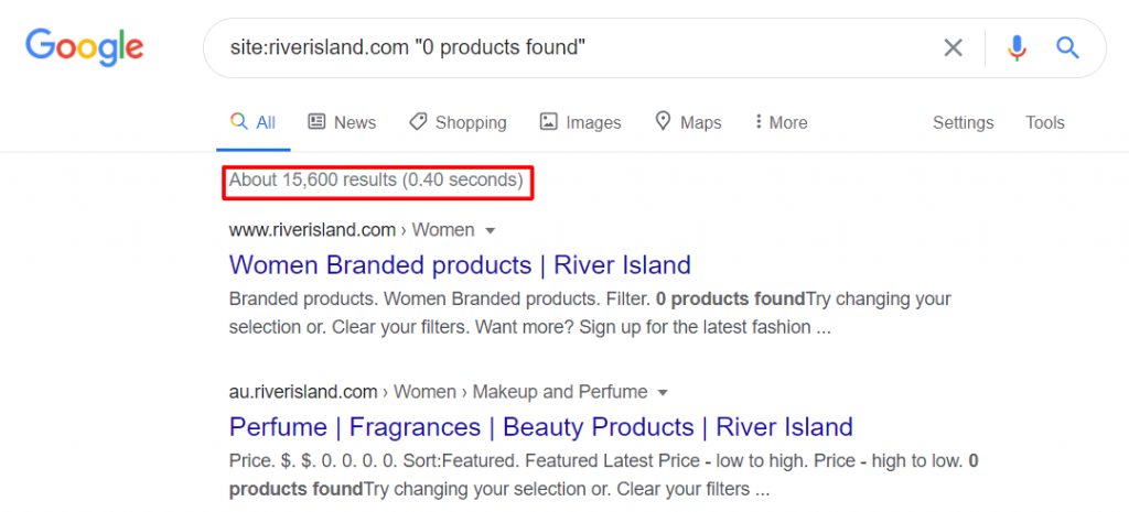 riverisland 0 product found serp